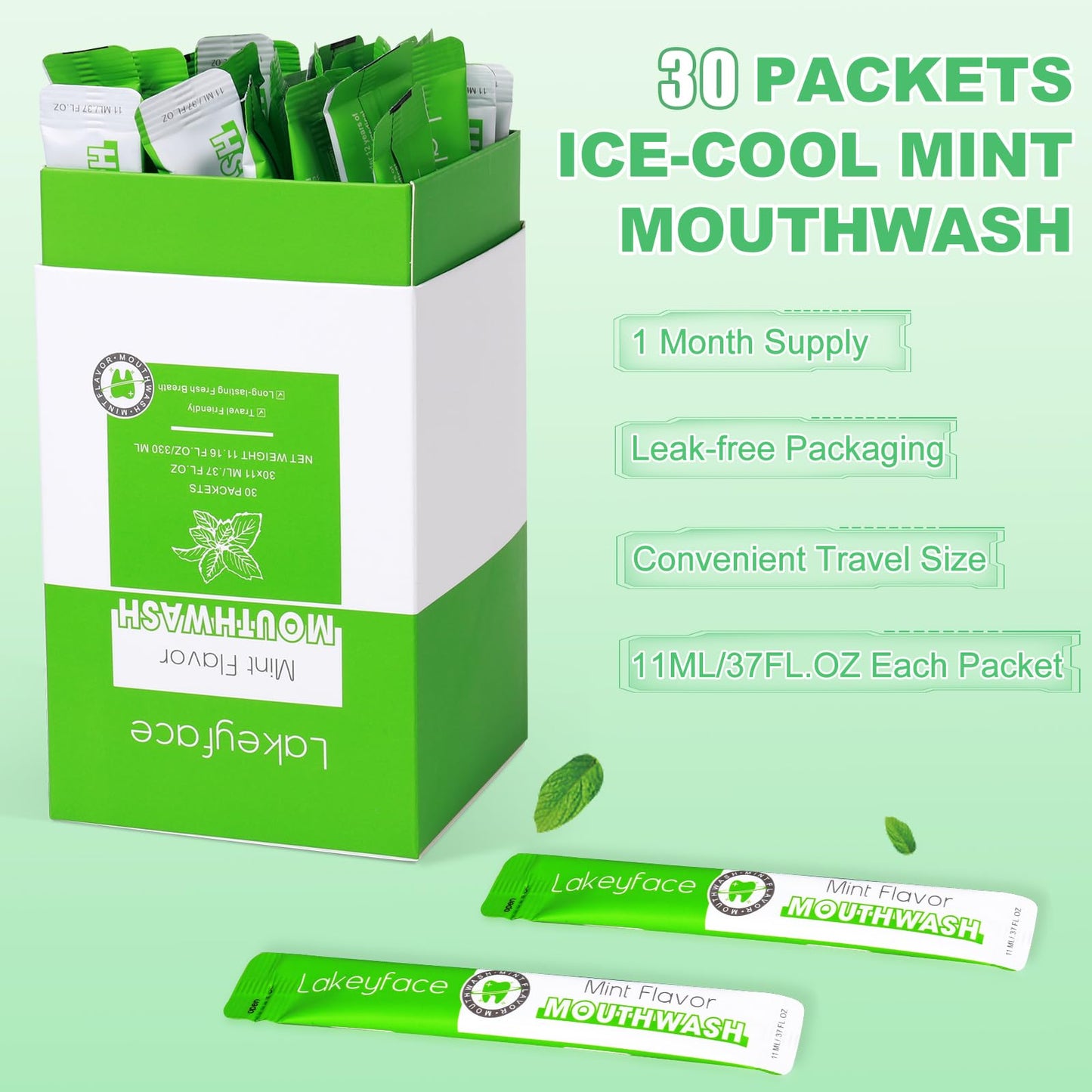 Mouthwash Travel Pack – 30 Packets, Alcohol-Free, TSA Approved, Mint 11ml Each