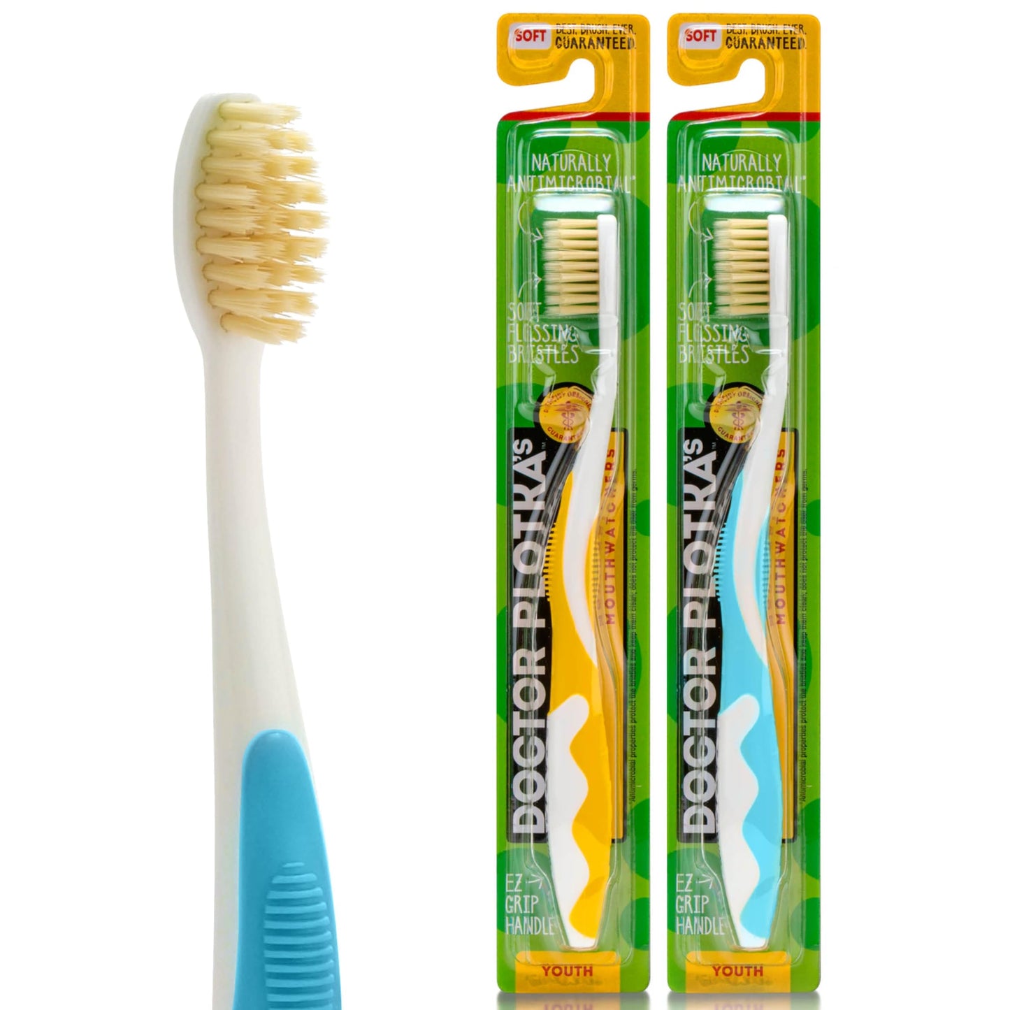 MOUTHWATCHERS Soft Children's Flossing Manual Toothbrush Set of 2 – Yellow & Blue | Dr. Plotka's