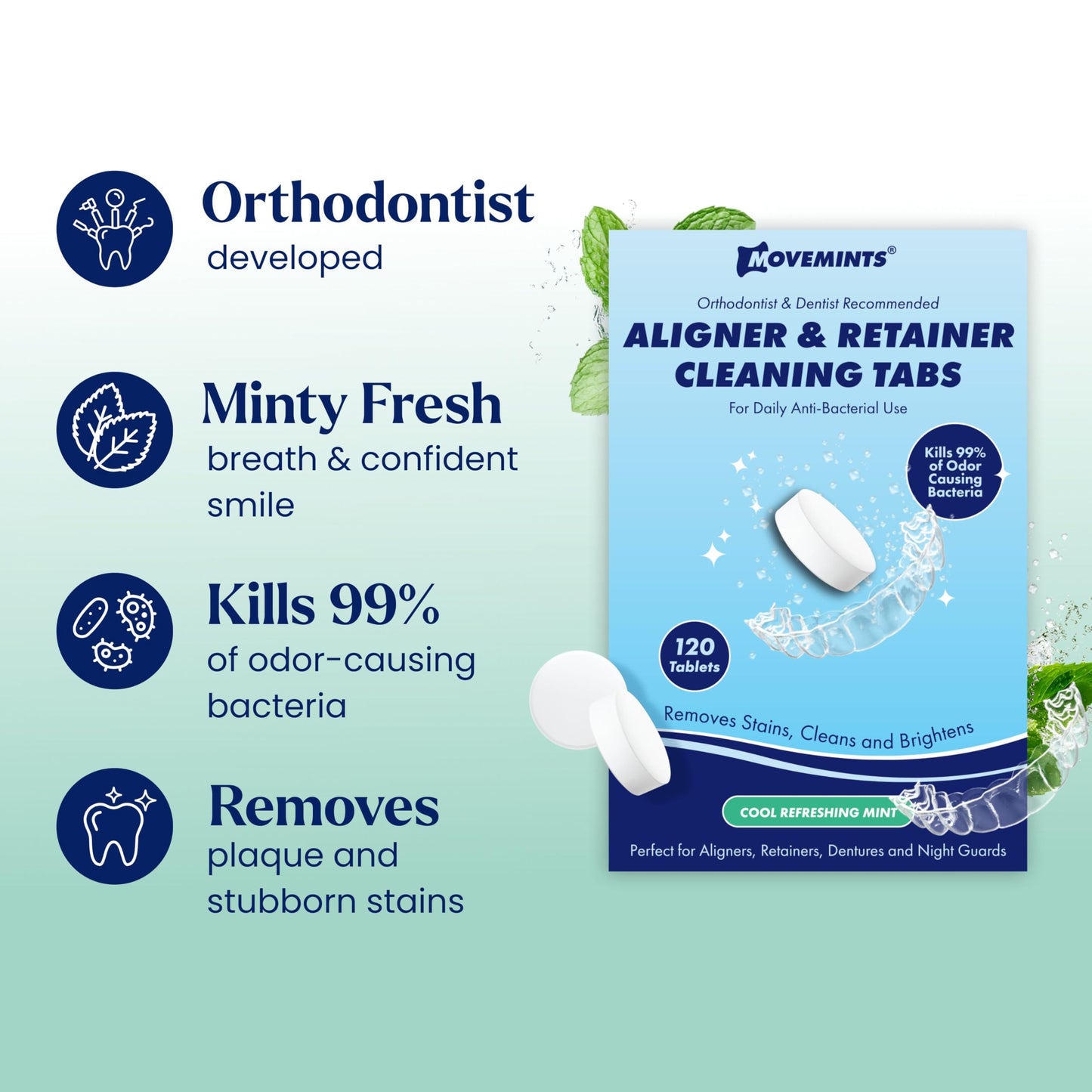 Movemints Cleaning Tablets for Aligners, Retainers, Dentures – 120 Count | Ultrasonic Compatible | Mint