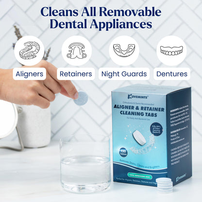 Movemints Cleaning Tablets for Aligners, Retainers, Dentures – 120 Count | Ultrasonic Compatible | Mint