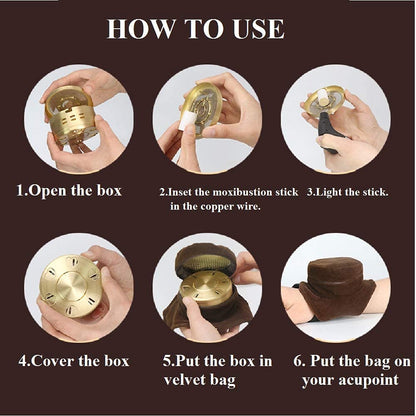 Chinese Moxibustion Box Kit – Smokeless Portable Moxa Set (54pcs, 3 Copper Burners, Acupoint Map)