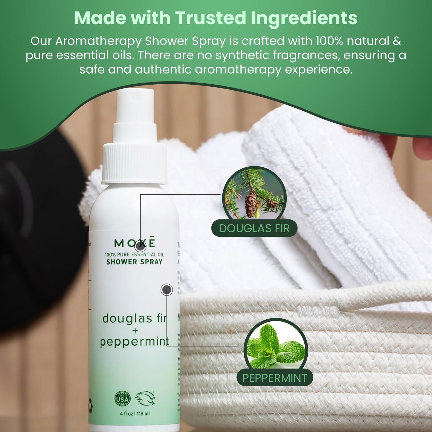 MOXE Aromatherapy Shower Spray | Douglas Fir & Peppermint, Made in USA, 4 oz