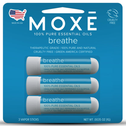 MOXE Breathe | Himalayan Salt Inhaler | Help Clear Congestion, Boost Focus and Improve Breathing | Natural Aromatherapy | Peppermint, Lavender and Tee Tree Essential Oil (3 Pack)