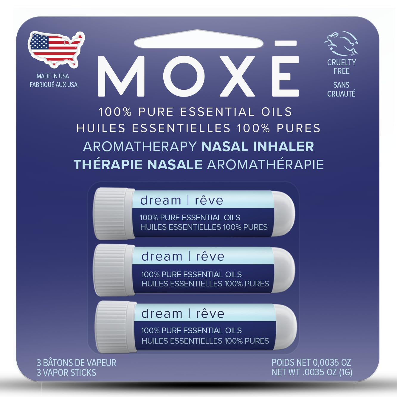 MOXĒ Dream Nasal Inhaler – Calming Essential Oil Blend for Sleep (Lavender, Chamomile, Lemongrass, Grapefruit) – USA Made (3 Pack)