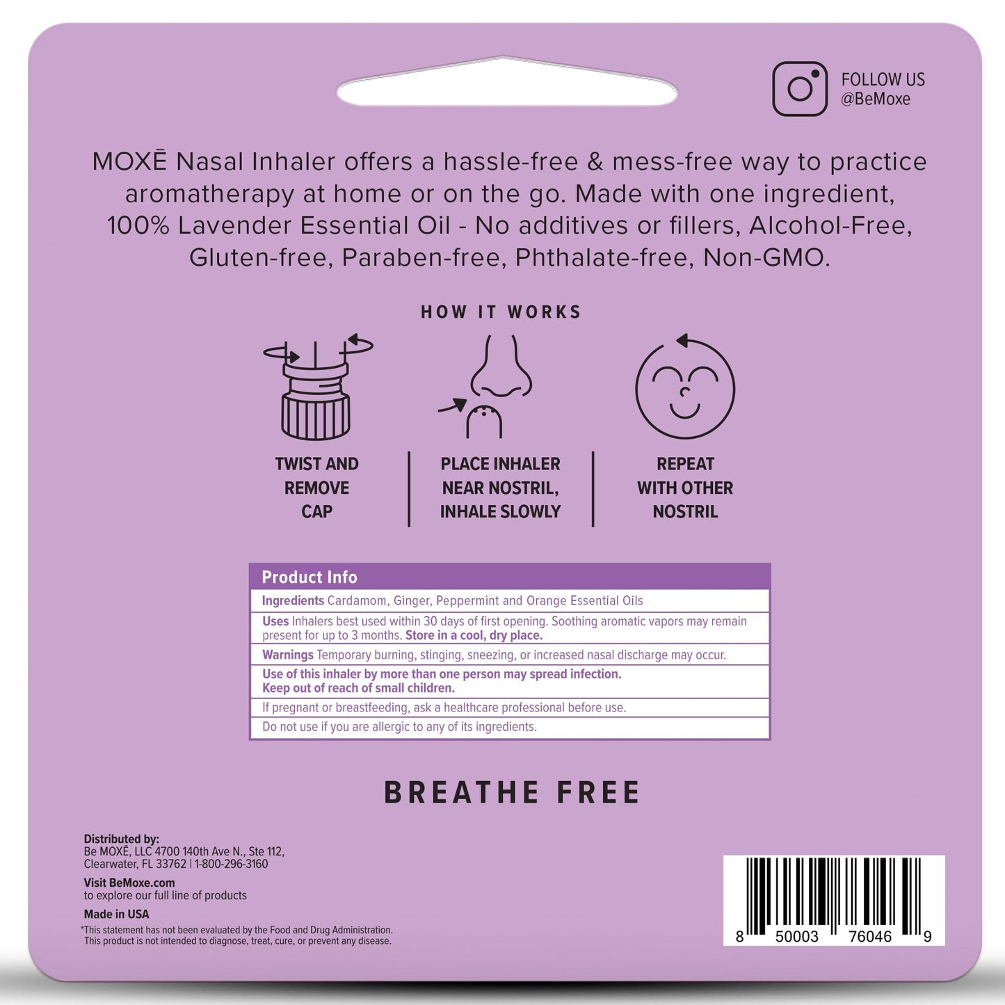MOXE Lavender Essential Oil Nasal Inhaler – No-Mess Aromatherapy, Made in USA (1 Pack)