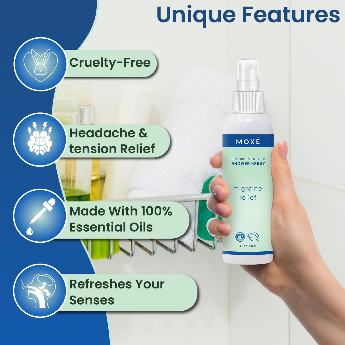 MOXE Migraine Relief Aromatherapy Shower Spray – Essential Oils for Headache & Tension Relief | Made in USA