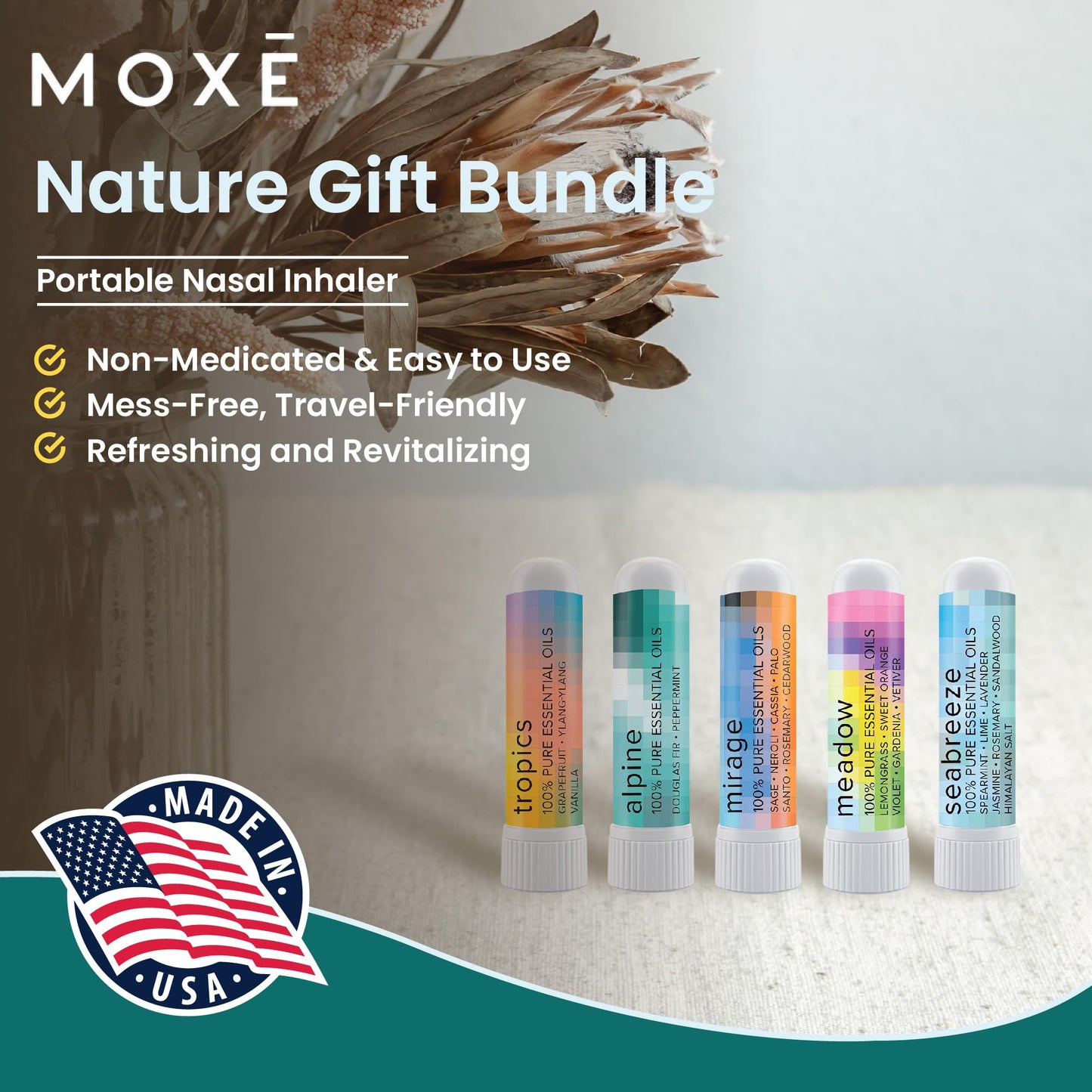 MOXĒ Nature Gift Bundle: 5 Aromatherapy Inhalers with Pure Essential Oils, Made in USA