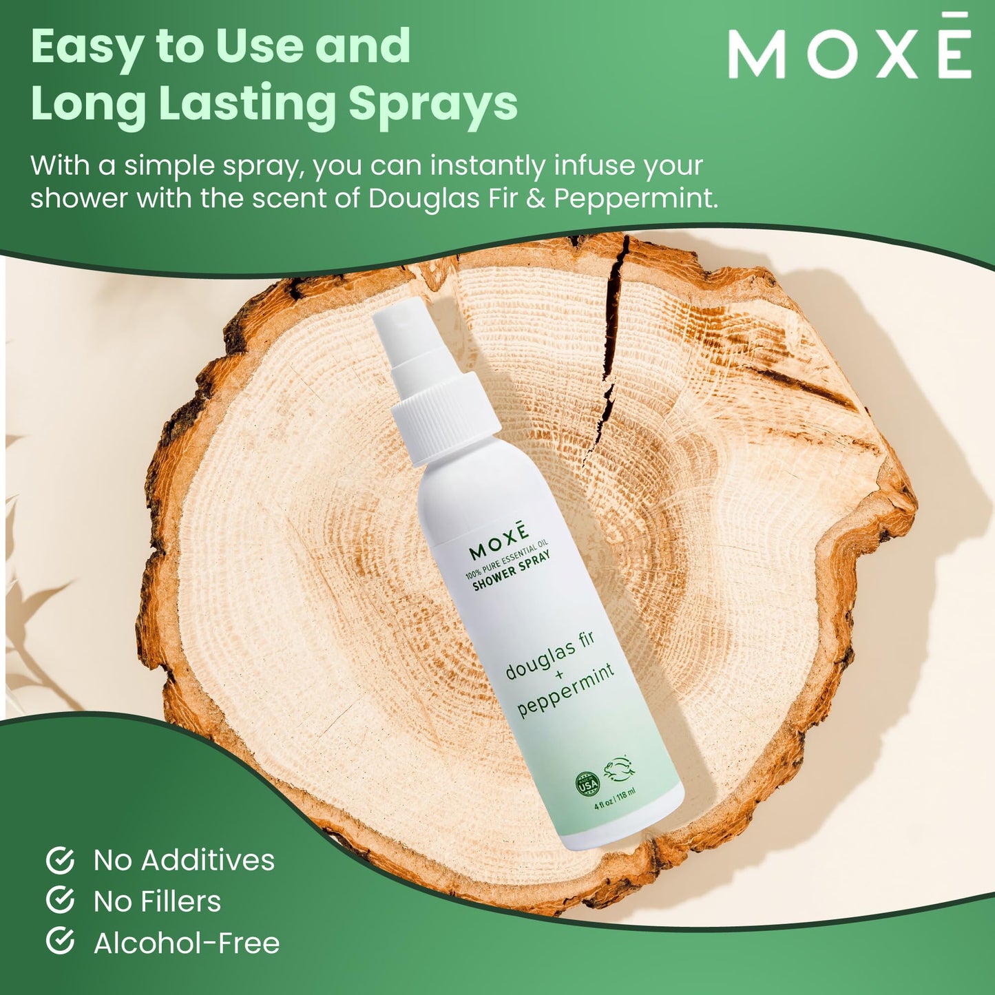 MOXE Aromatherapy Shower Spray | Douglas Fir & Peppermint, Made in USA, 4 oz