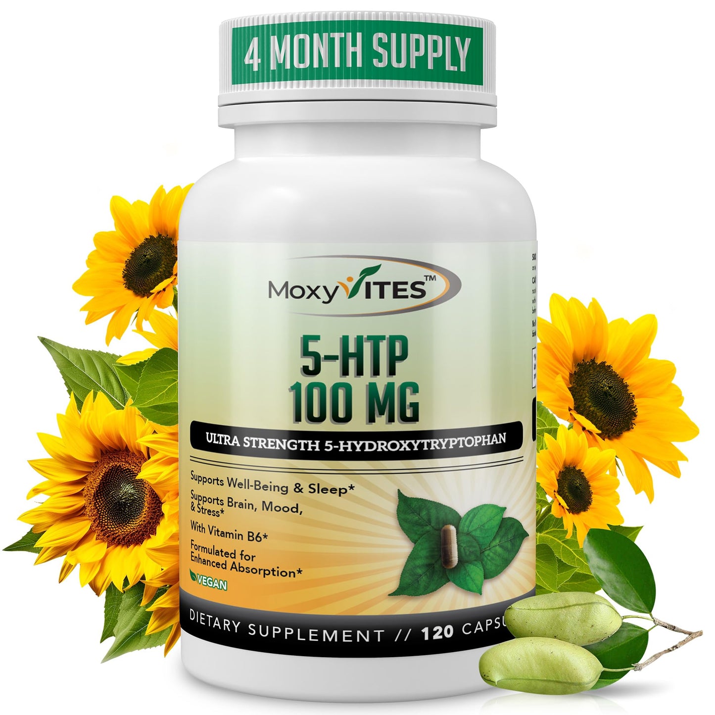MoxyVites 5HTP 100mg with B6 – Organic, Non-GMO, 120 Vegan Capsules