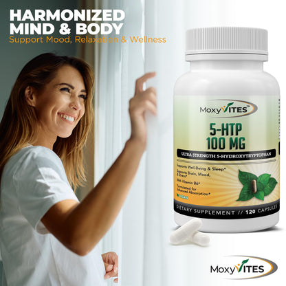 MoxyVites 5HTP 100mg with B6 – Organic, Non-GMO, 120 Vegan Capsules
