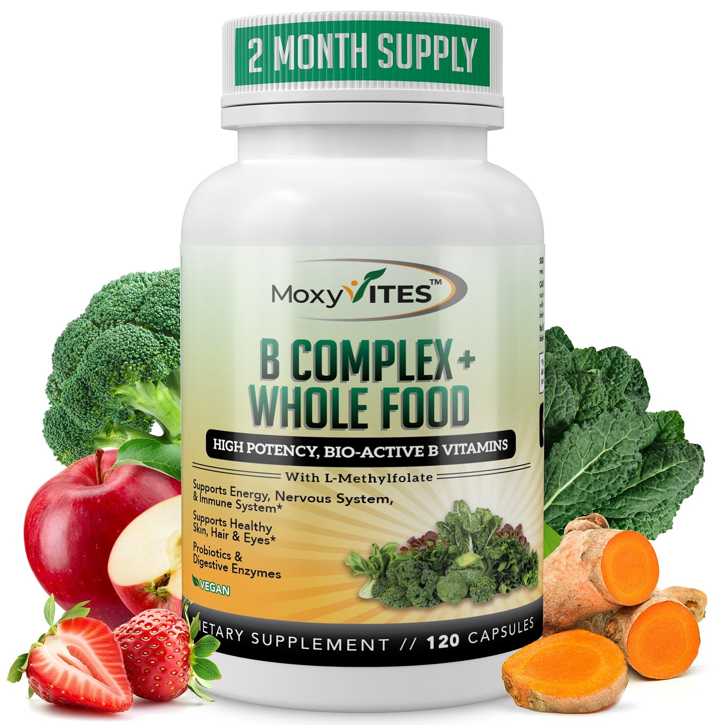 MoxyVites Vitamin B Complex – Vegan B Vitamins for Stress, Energy & Immunity, 120 Capsules