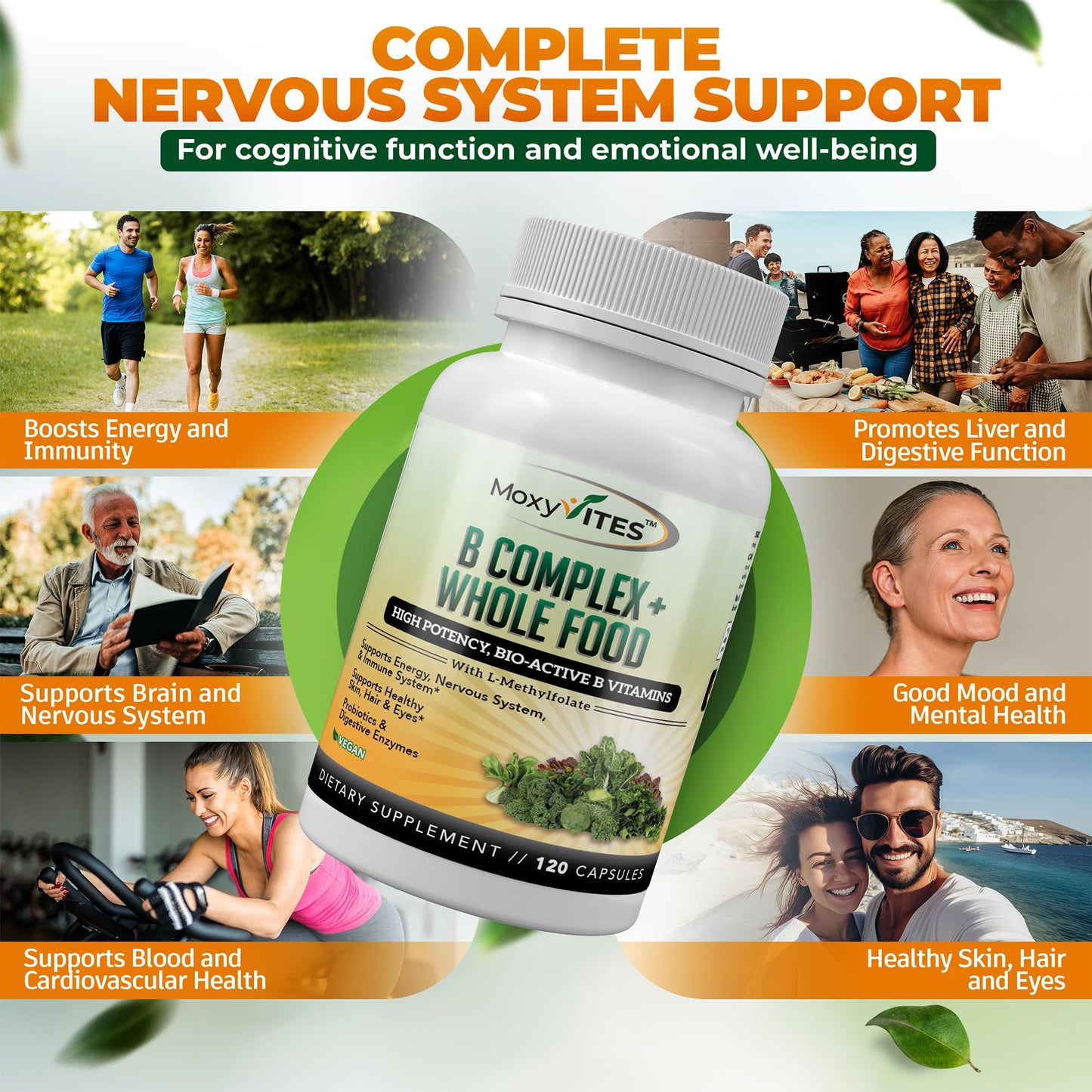 MoxyVites Vitamin B Complex – Vegan B Vitamins for Stress, Energy & Immunity, 120 Capsules