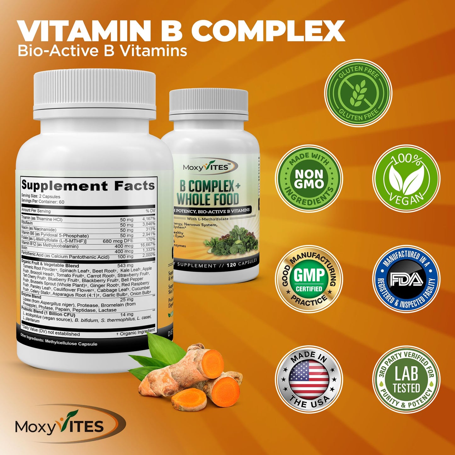 MoxyVites Vitamin B Complex – Vegan B Vitamins for Stress, Energy & Immunity, 120 Capsules