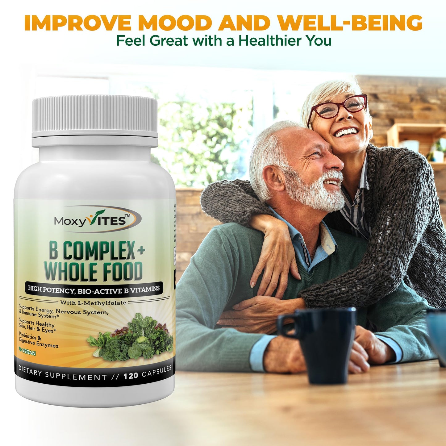 MoxyVites Vitamin B Complex – Vegan B Vitamins for Stress, Energy & Immunity, 120 Capsules