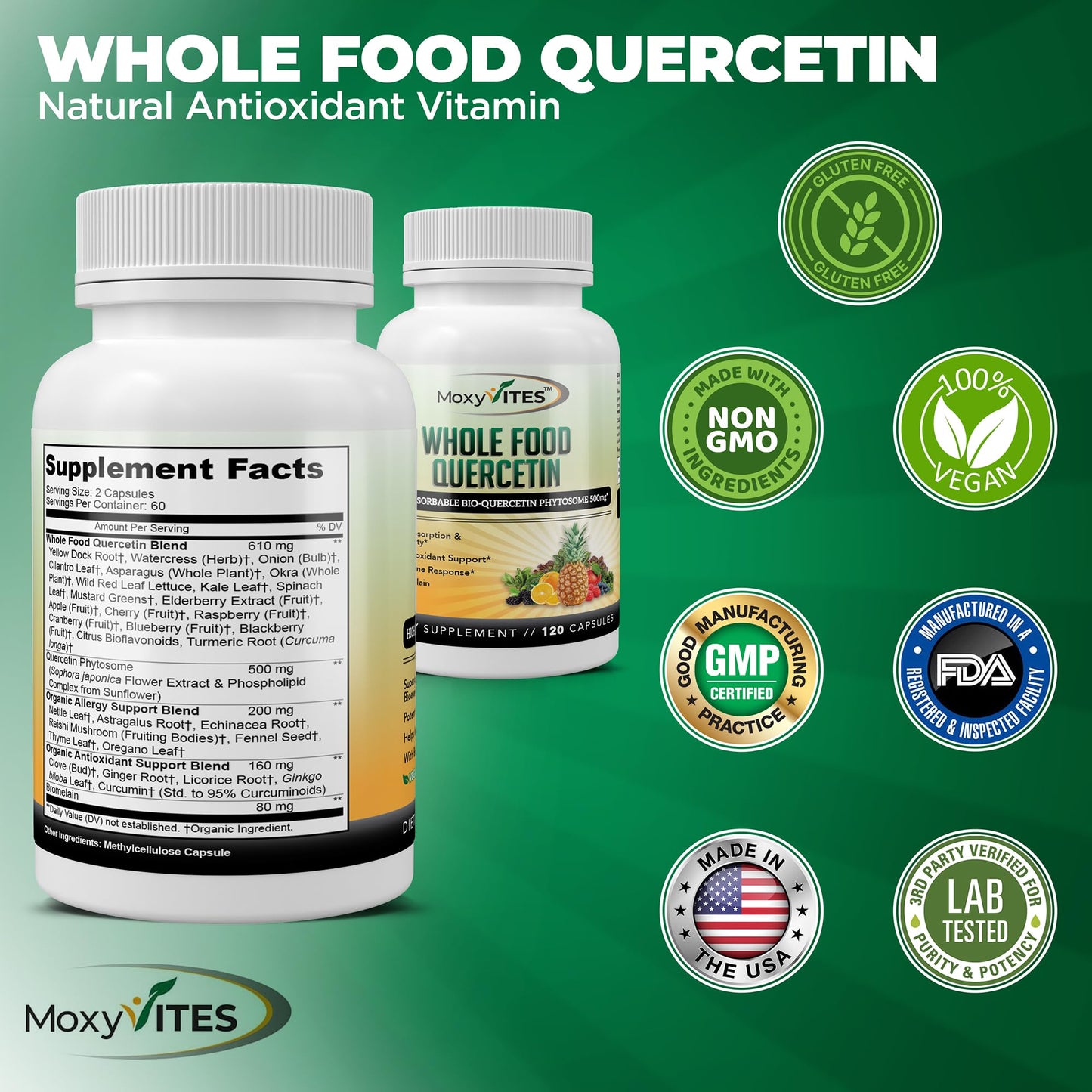 MoxyVites Quercetin 500mg with Bromelain | 20x Absorption, 120 Caps