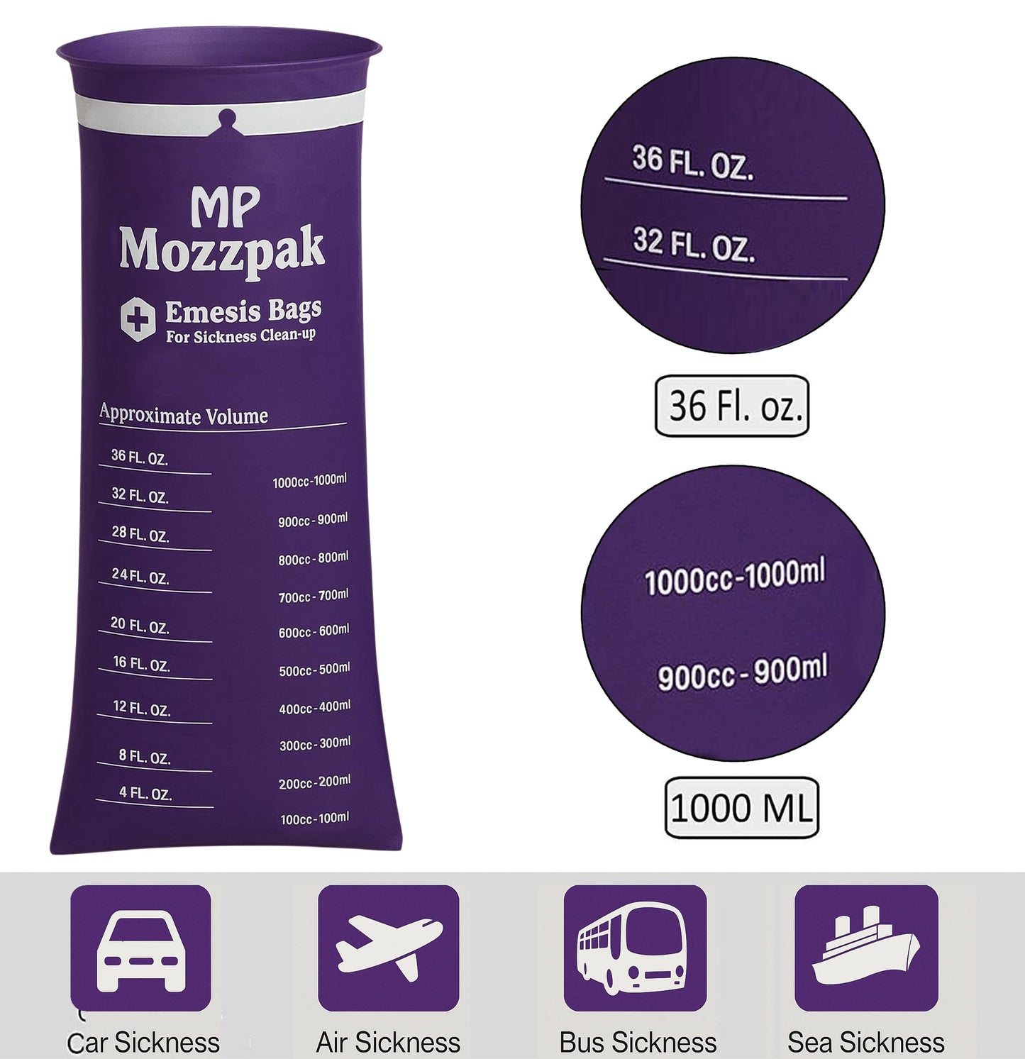 MP Mozzpak Vomit Bags 60-Pack – 1000ml Leak-Proof, Travel-Ready Purple