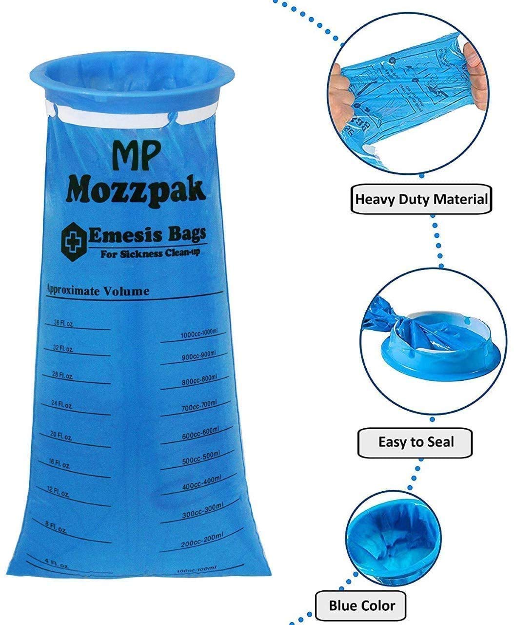 MP MOZZPAK Vomit Bags 15-Pack | 1000ml Medical-Grade Leak-Proof Emesis Bags for Travel