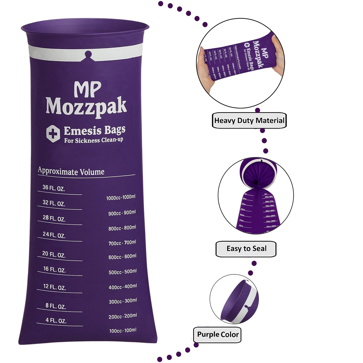 MP Mozzpak Vomit Bags 60-Pack – 1000ml Leak-Proof, Travel-Ready Purple