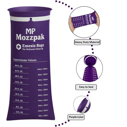 MP Mozzpak Vomit Bags 60-Pack – 1000ml Leak-Proof, Travel-Ready Purple