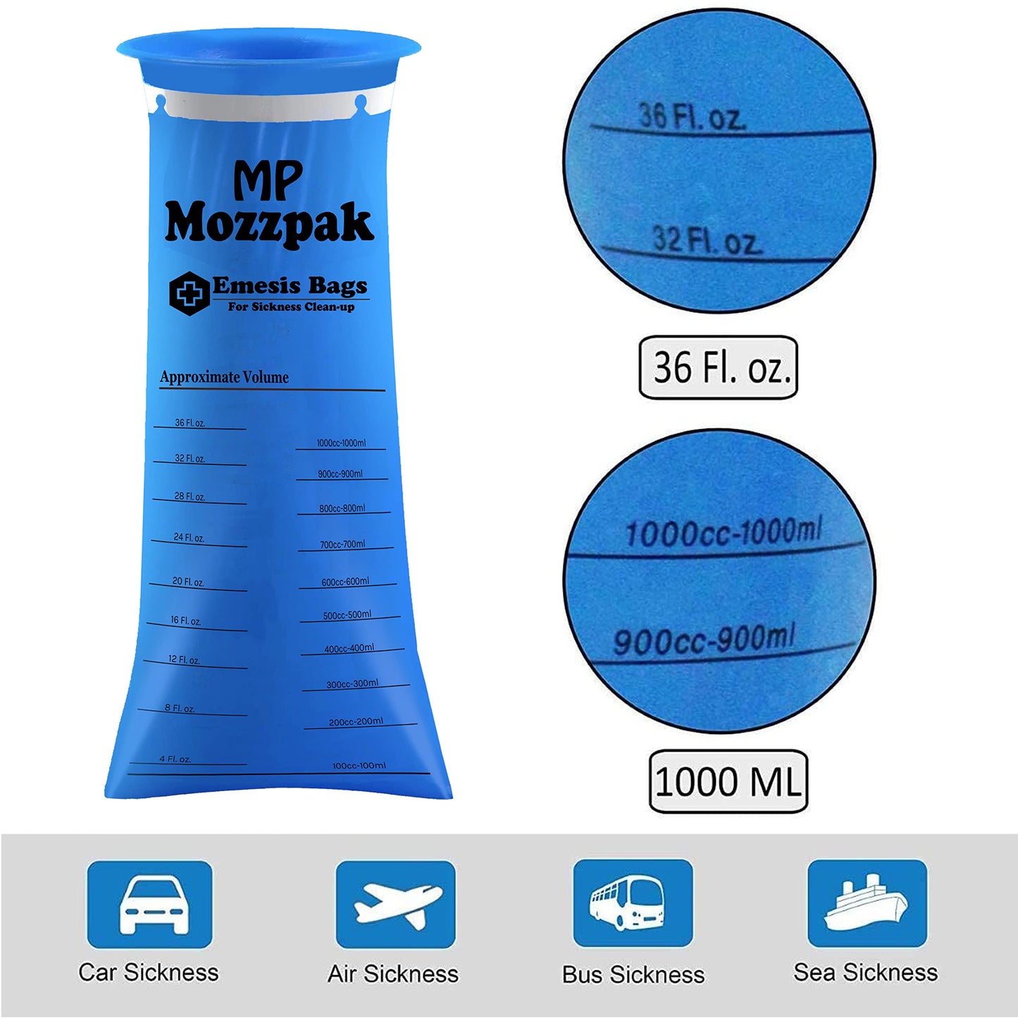 MP MOZZPAK Vomit Bags 200 Pack – 1000ml Emesis Bags, Leak-Proof, Travel-Ready for Car, Plane & Road Trips