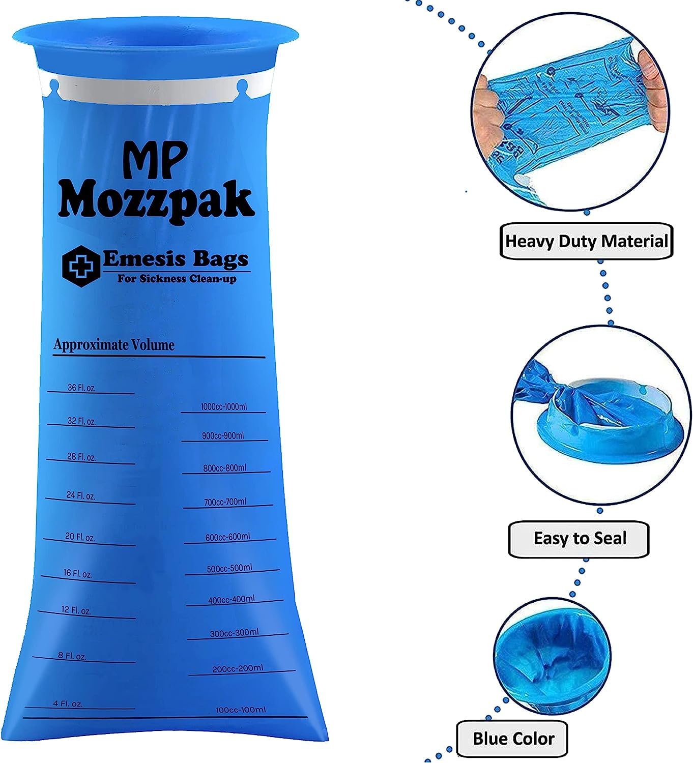 MP MOZZPAK Vomit Bags Disposable 60 Pack - 1000ml Leak-Proof Emesis Bags (Blue)