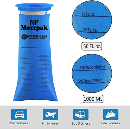 MP MOZZPAK Vomit Bags Disposable 60 Pack - 1000ml Leak-Proof Emesis Bags (Blue)
