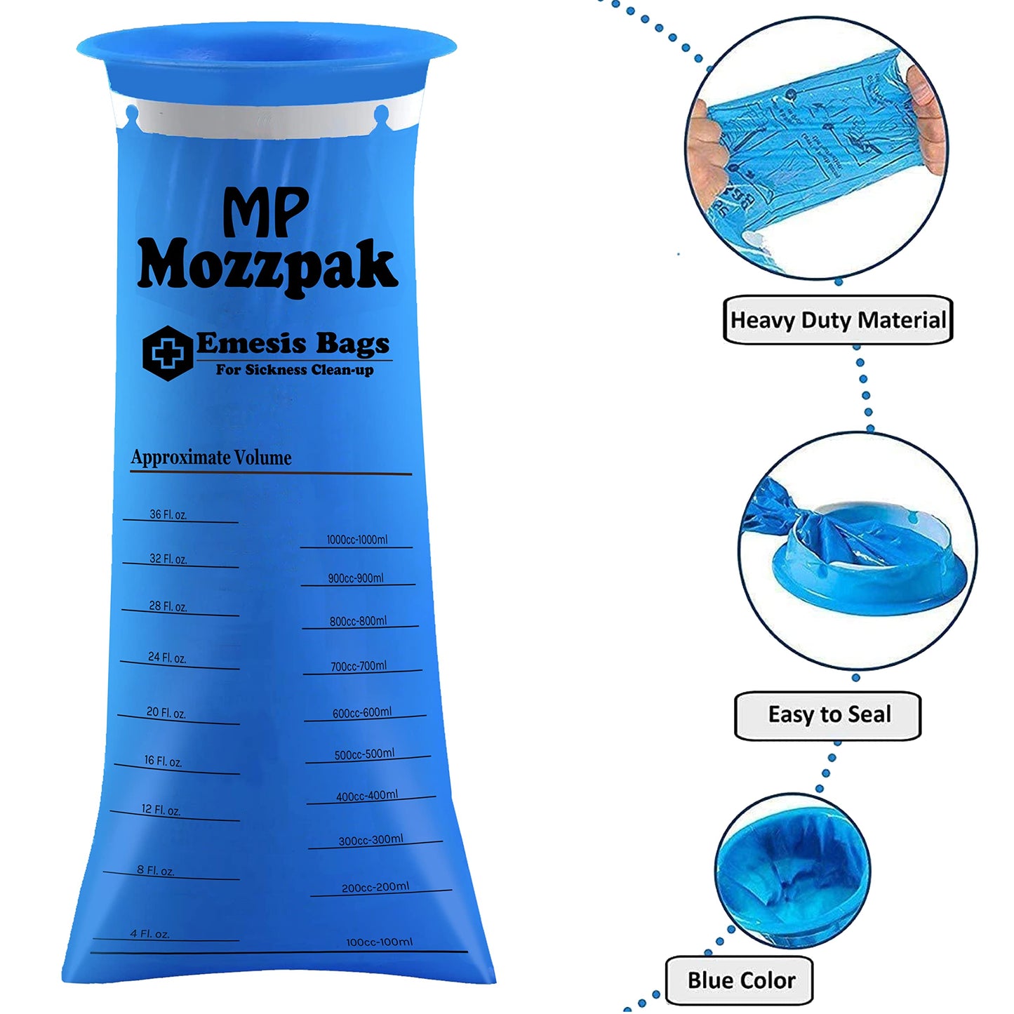 MP MOZZPAK Vomit Bags 200 Pack – 1000ml Emesis Bags, Leak-Proof, Travel-Ready for Car, Plane & Road Trips