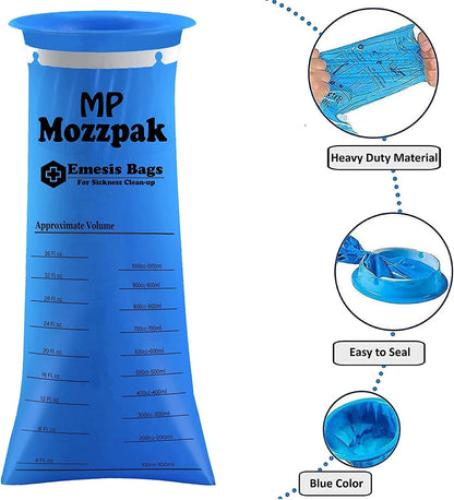 MP MOZZPAK Vomit Bags Disposable 100 Pack – 1000ml Emesis Bags, Leak-Proof, Travel-Ready