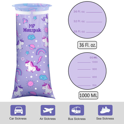 MP MOZZPAK Unicorn Kids Vomit Bags Disposable 24 Pack – Leak-Proof Travel Puke Bags