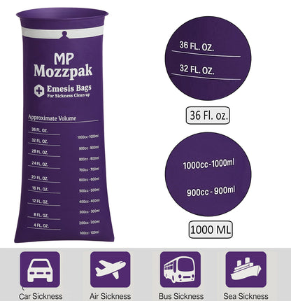 MP Mozzpak Vomit Bags Disposable 15 Pack – 1000ml Medical-Grade Emesis Bags, Leak-Proof Travel Puke Bags