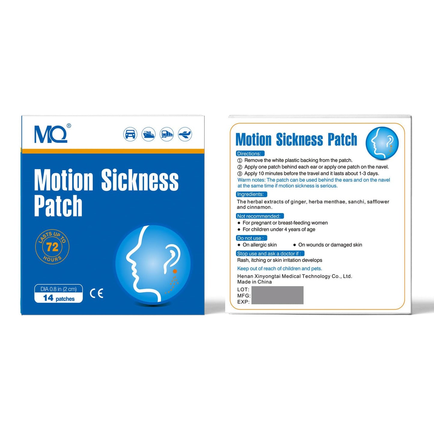 MQ 14ct Motion Sickness Patches — Non-Drowsy Travel Relief for Car, Plane, Cruise