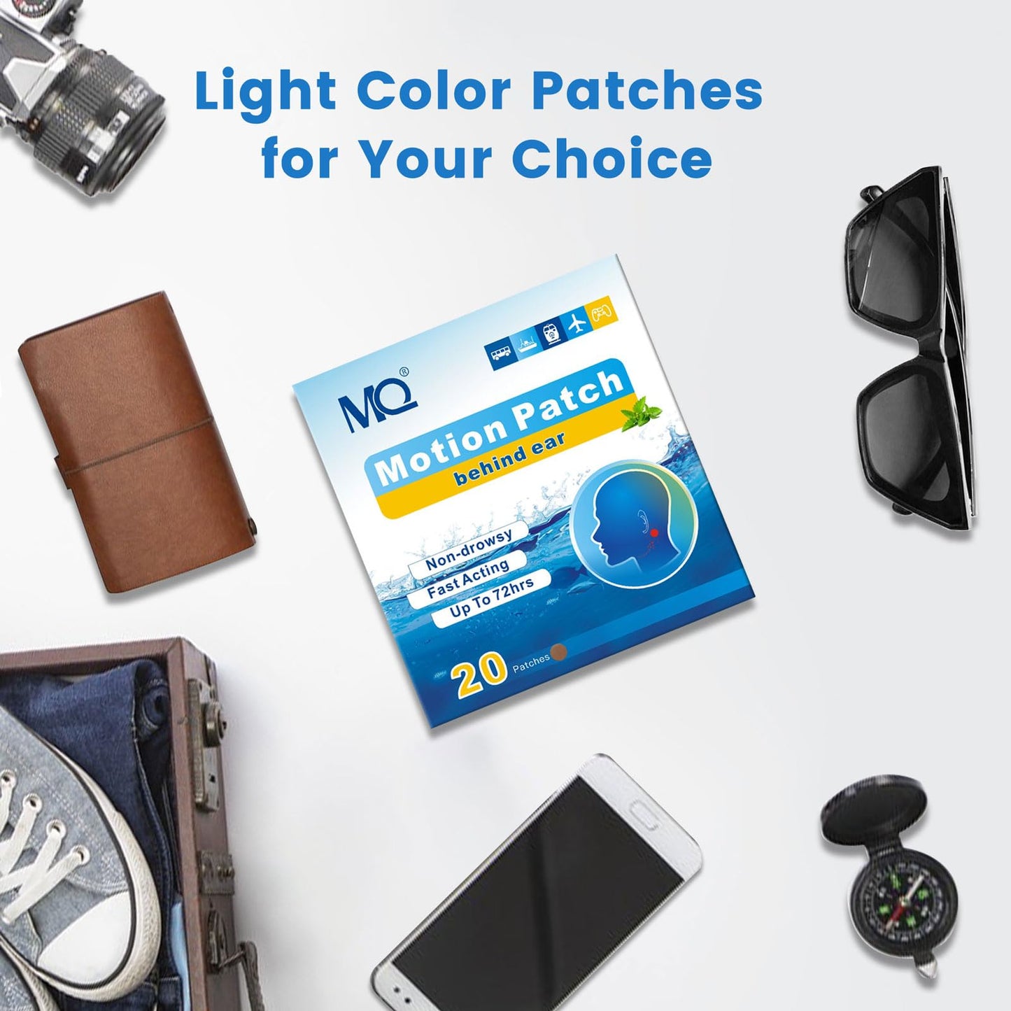 MQ 20ct Motion Sickness Patches – Dark Color, Waterproof, 72H, Travel Essential