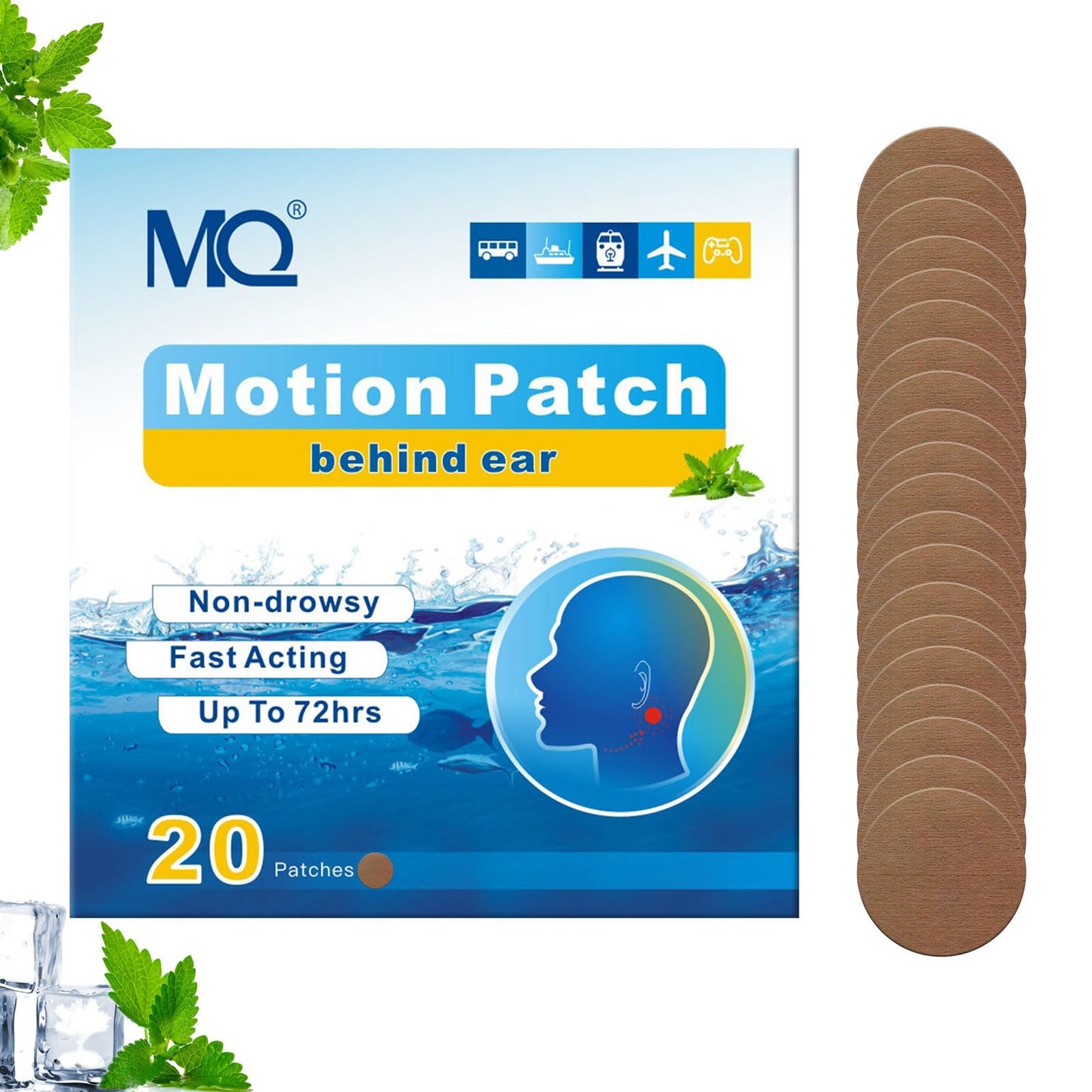 MQ 20ct Motion Sickness Patches – Dark Color, Waterproof, 72H, Travel Essential
