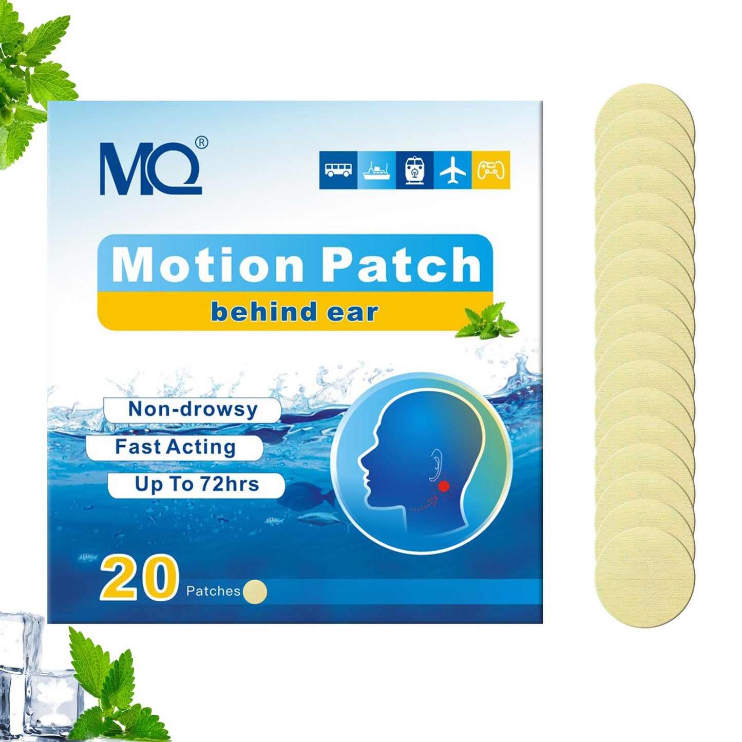 MQ Motion Sickness Patches 20ct – Non-Drowsy, Waterproof, 72H Lasting Travel Patches