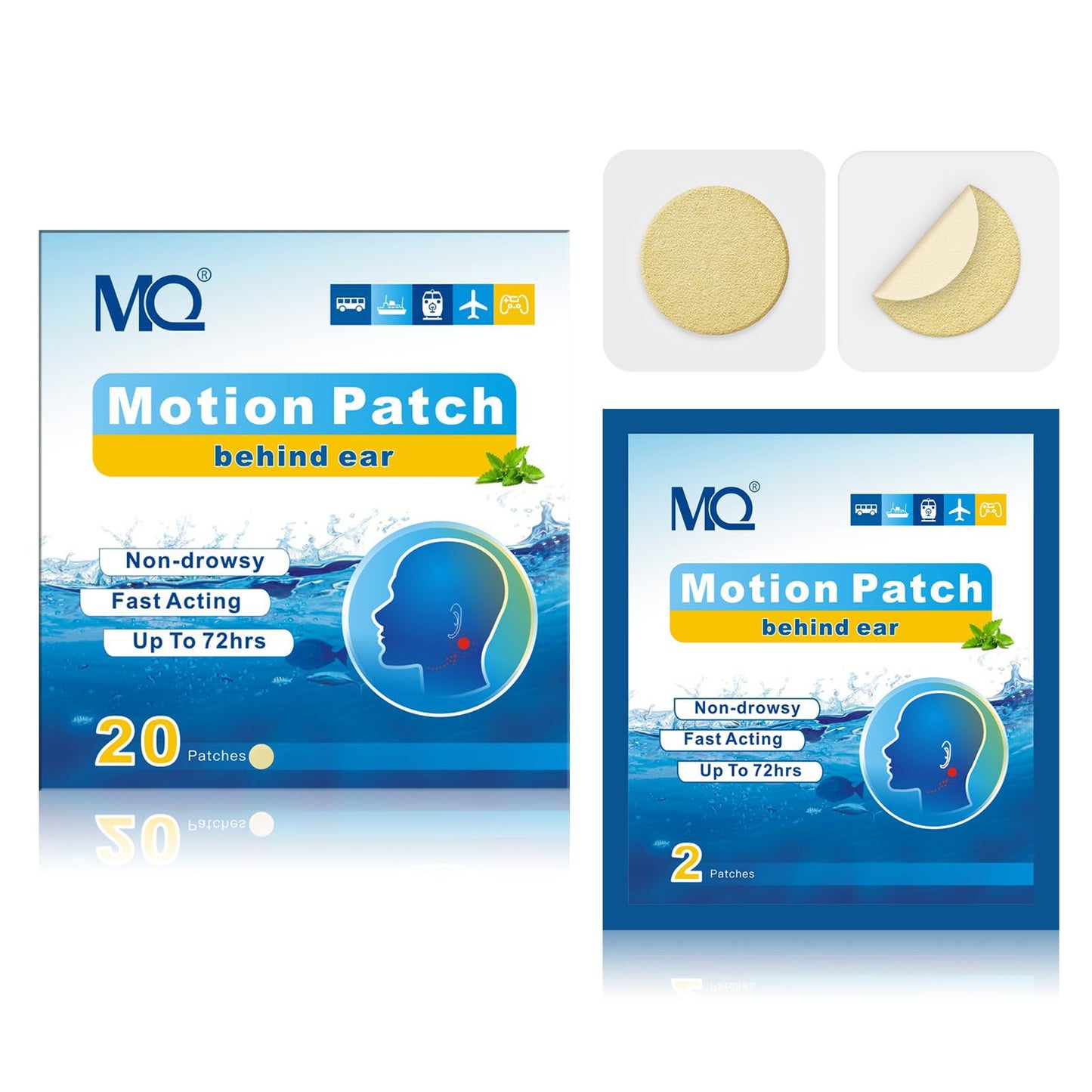 MQ Motion Sickness Patches 20ct – Non-Drowsy, Waterproof, 72H Lasting Travel Patches
