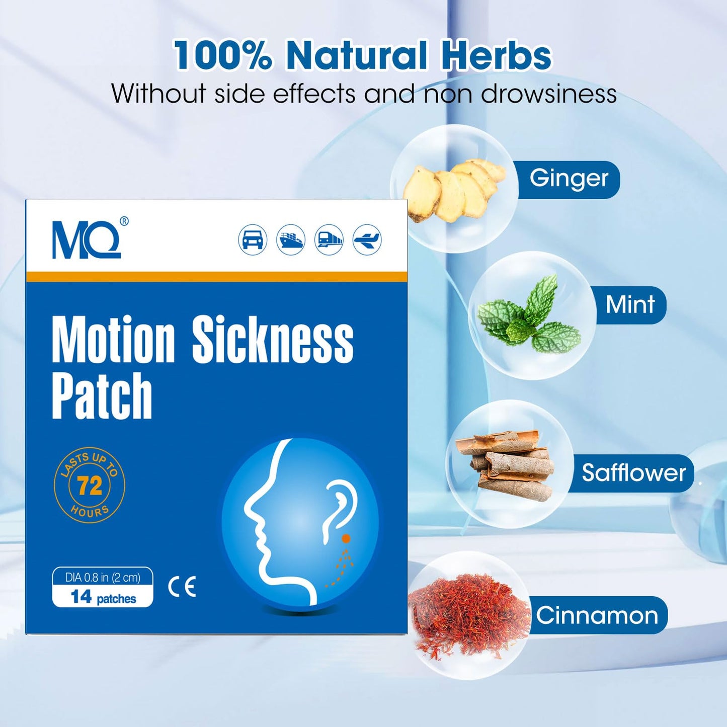 MQ Motion Patches 28ct - Non-Drowsy, Waterproof Sea Sickness Patches for Travel, 72H Lasting