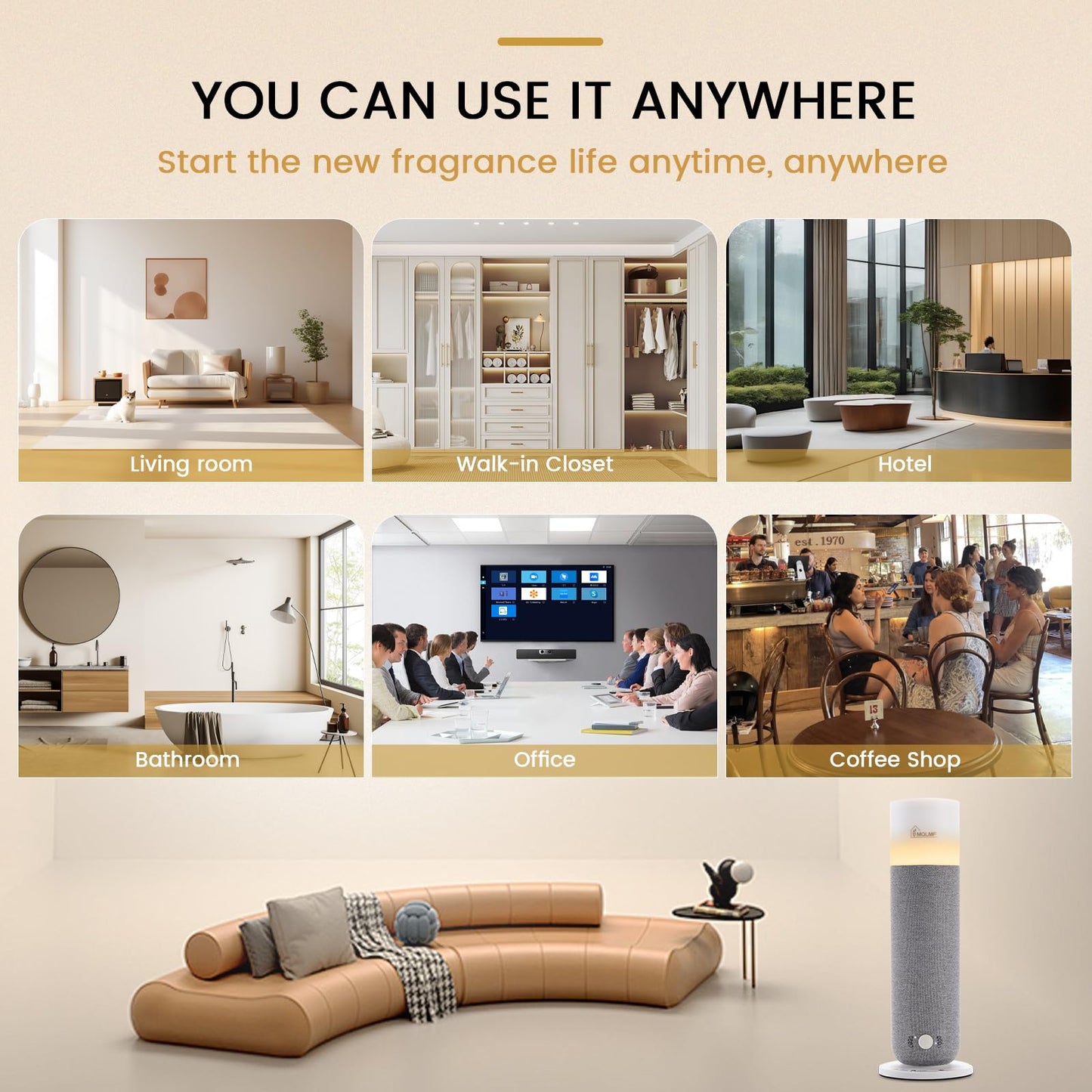 MQLMF Hotel Collection Diffuser - Fabric-Wrapped, Waterless, 1000 Sq Ft Grey