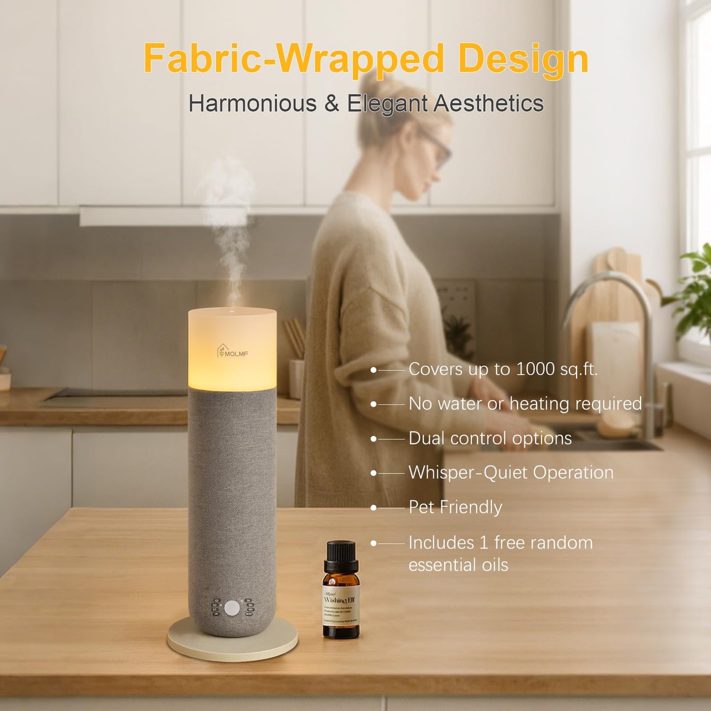 MQLMF Hotel Collection Diffuser - Fabric-Wrapped, Waterless, 1000 Sq Ft Grey