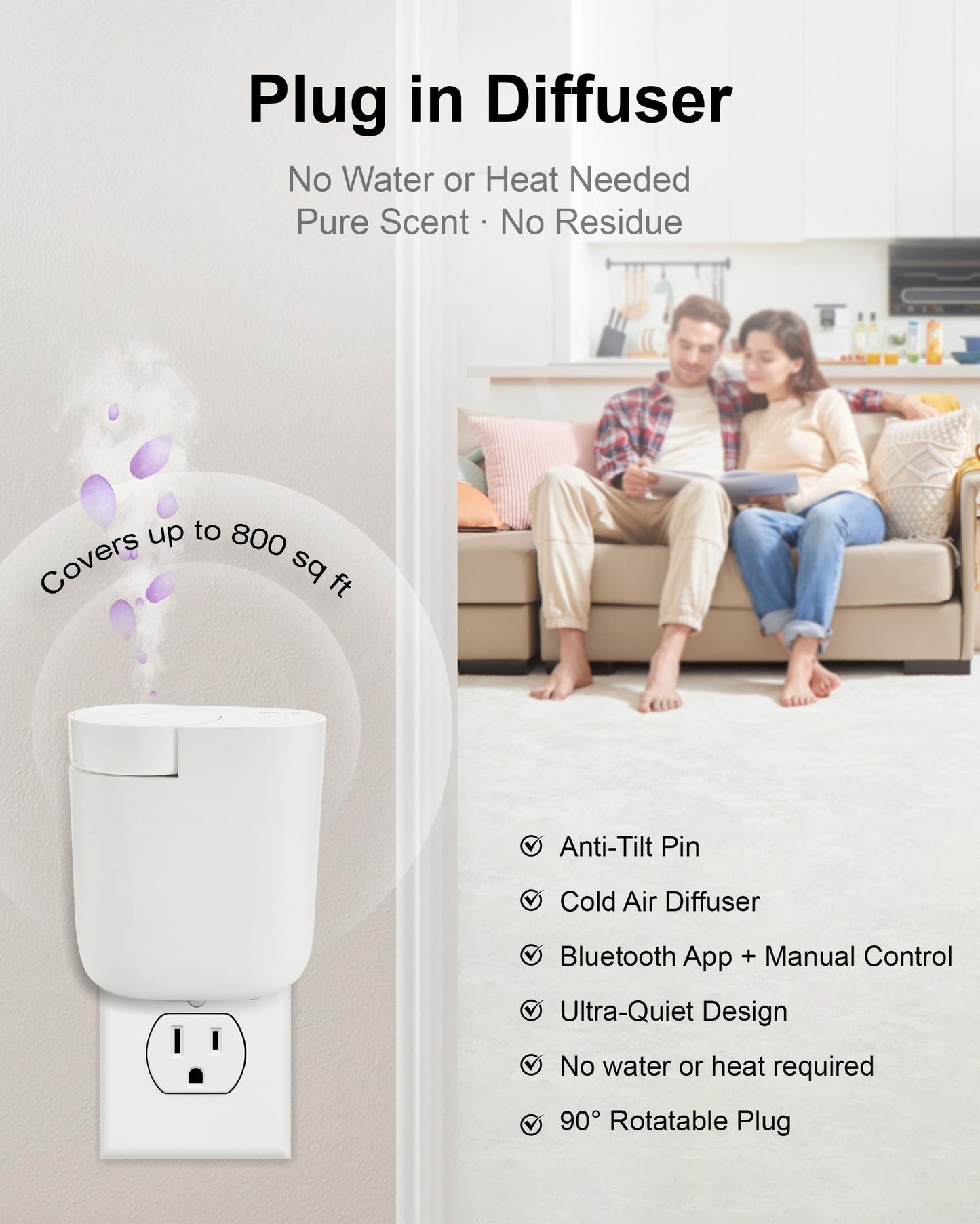 MQLMF Wall Plug-in Diffuser – Waterless, Bluetooth App, 800 Sq Ft, White