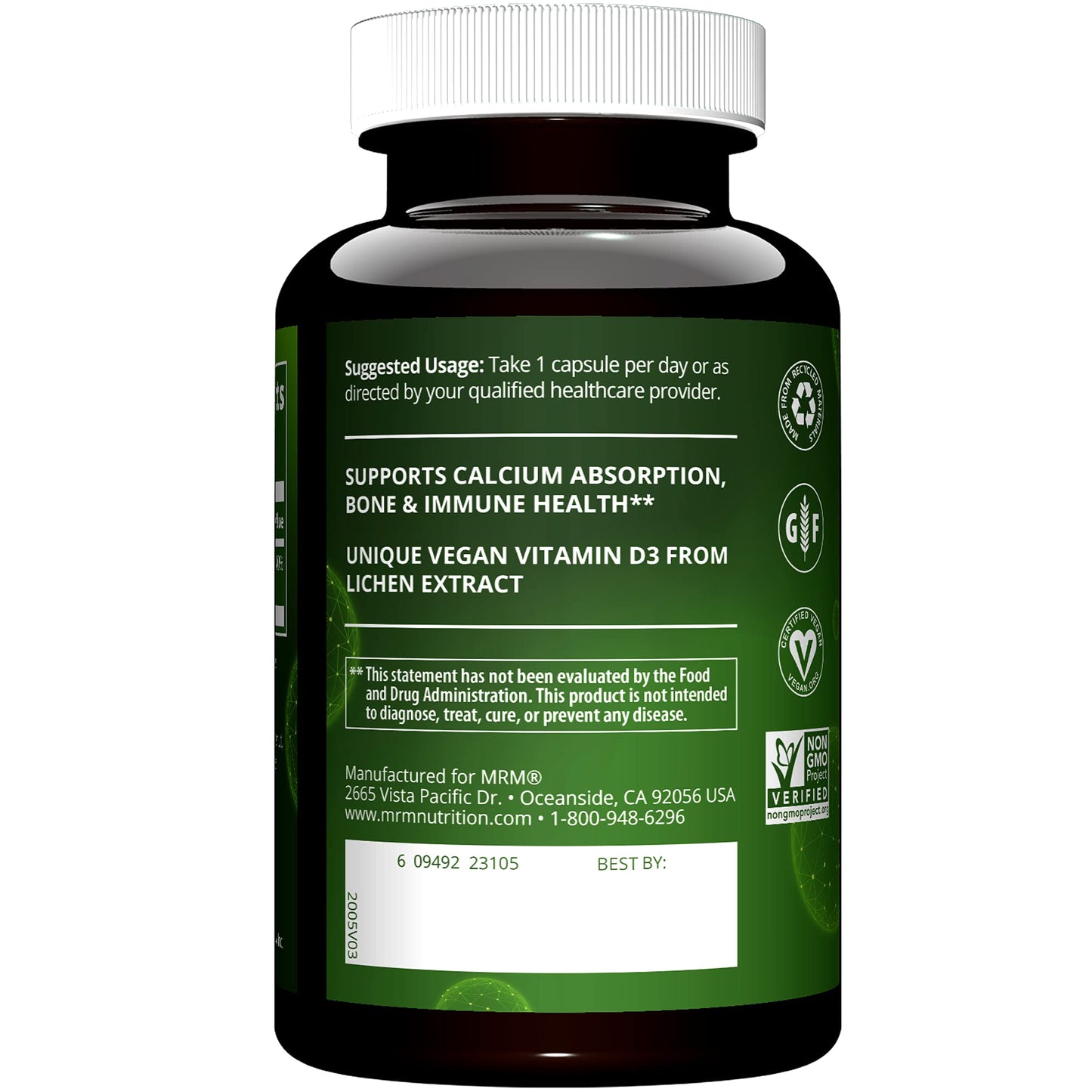 MRM Nutrition Vegan Vitamin D3 2,500 IU – Bone Health & Immune Support | Plant-Based from Lichens | 60 Servings