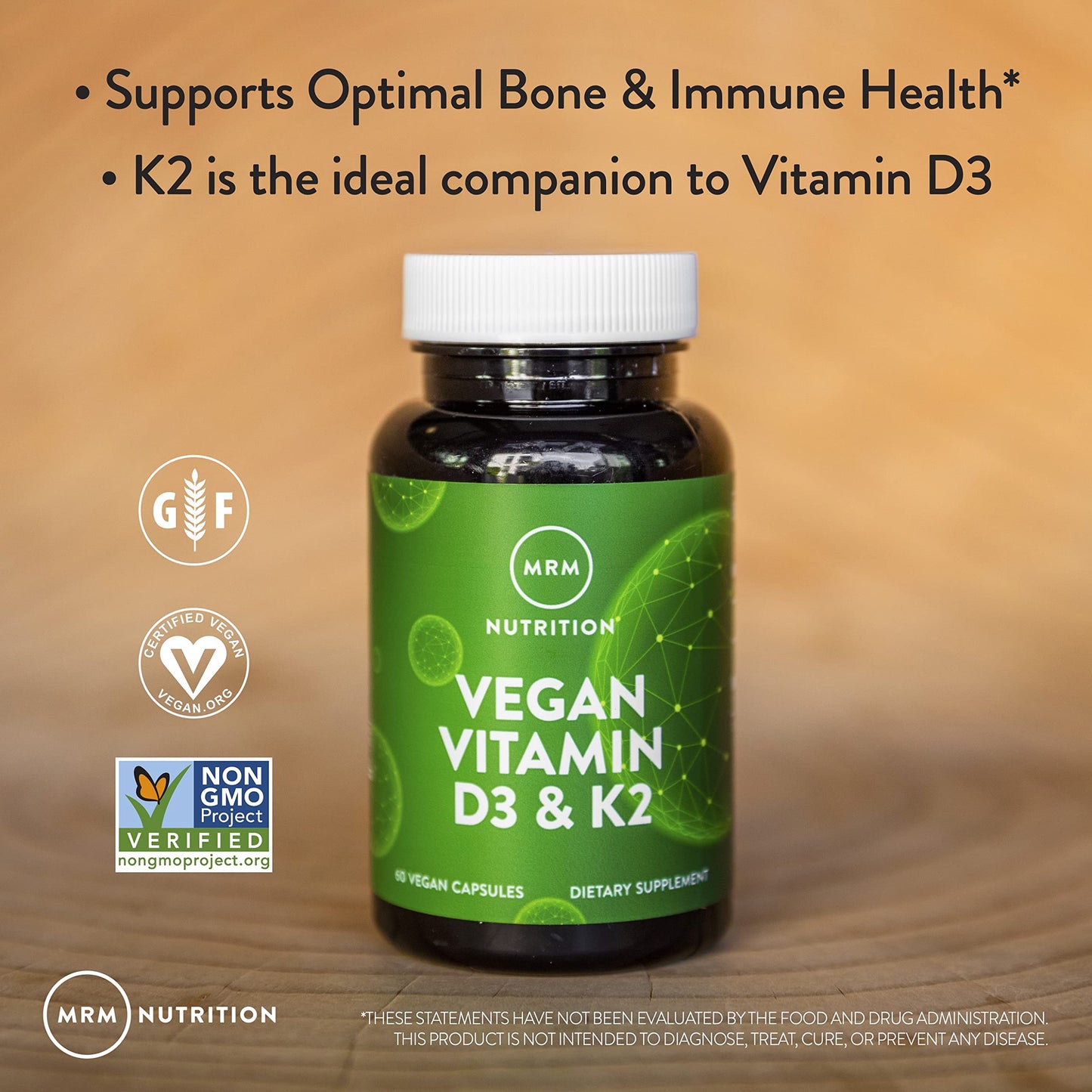 MRM Nuturition Vegan Vitamin D3 & K2 | Bone + Immune Health | Made from lichens | Supports Calcium Absorption | Vegan + Vegetarian Friendly | 60 Servings