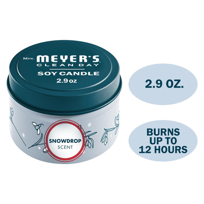 Mrs. Meyer's Clean Day Snowdrop Soy Tin Candle – 12-Hour Burn Time, 2.9 oz