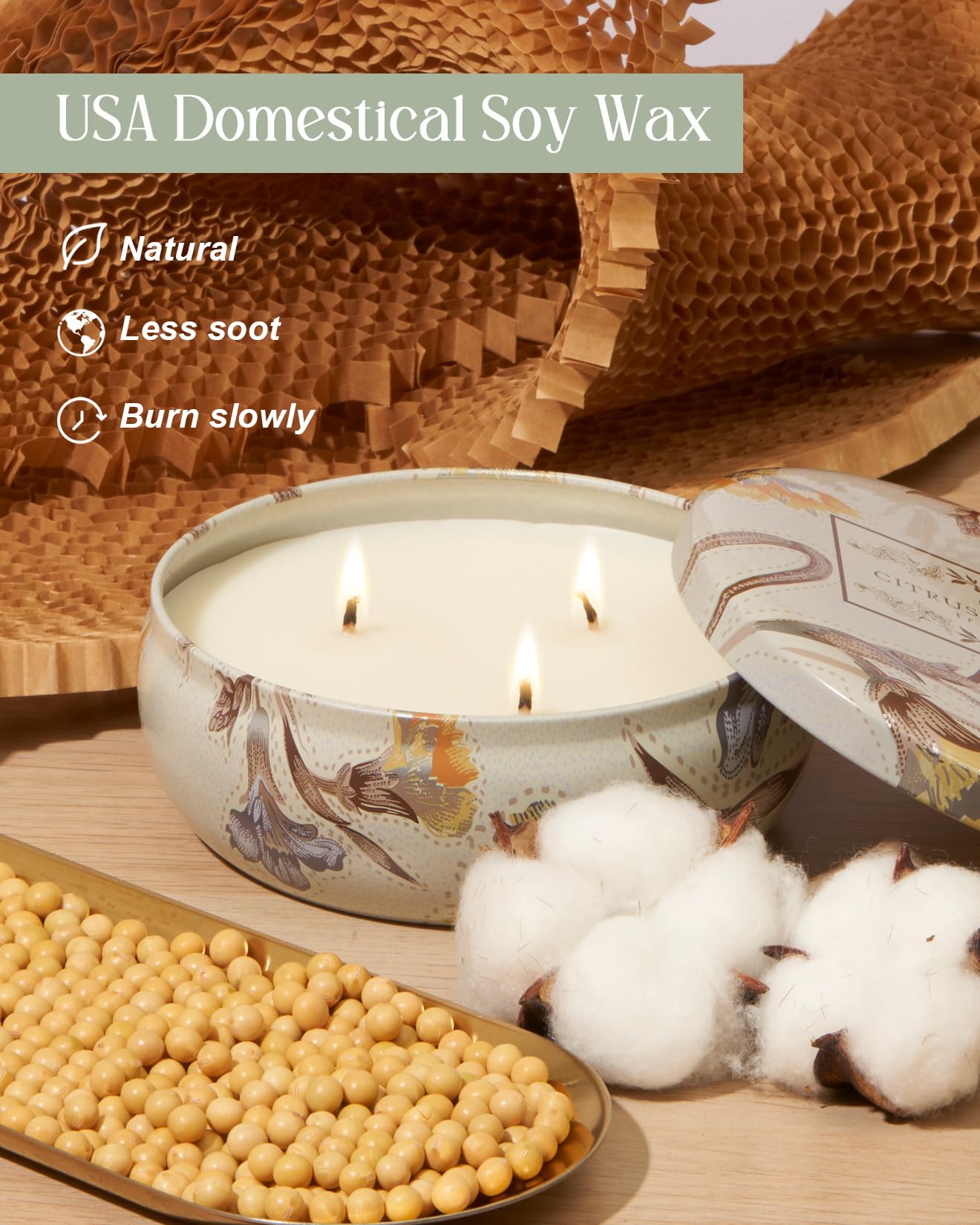 M&SENSE 3-Wick Soy Candle – Citrus & Sage, 12oz, 40h Burn Time
