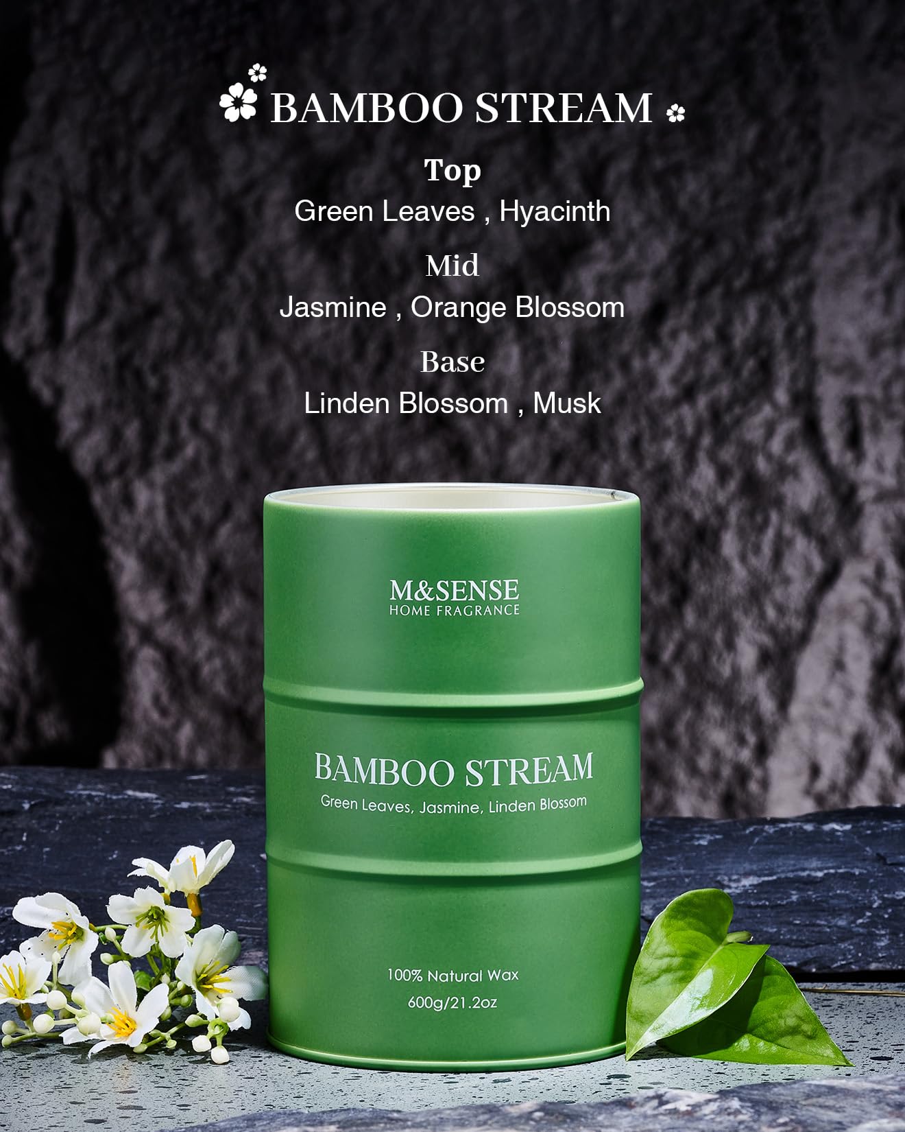 M&SENSE Bamboo Scented Candle | Natural Non-Toxic Large Aromatherapy Candle – Stress Relief & Relaxation | 21.2oz, 120 Hour Burn