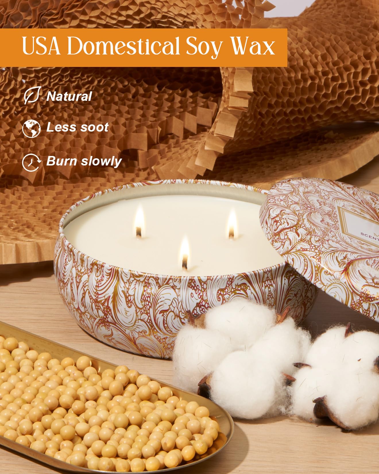 M&SENSE Basil Flower Scented Candles | 3 Wick Soy Tin, 40+ Hr Burn