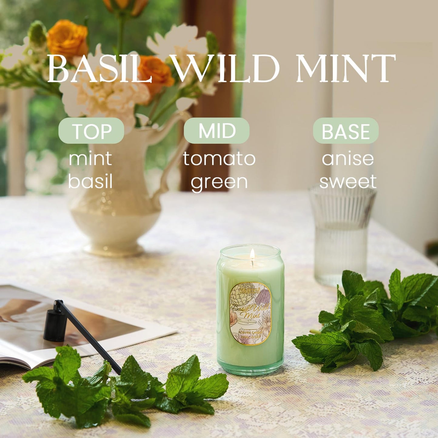 M&SENSE Basil Mint Soy Candle – 10.6 oz, 60-Hour Non-Toxic Jar