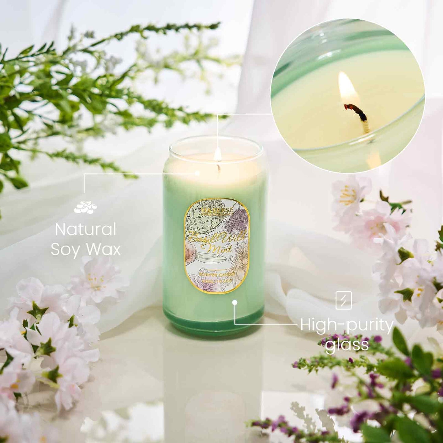 M&SENSE Basil Mint Soy Candle – 10.6 oz, 60-Hour Non-Toxic Jar