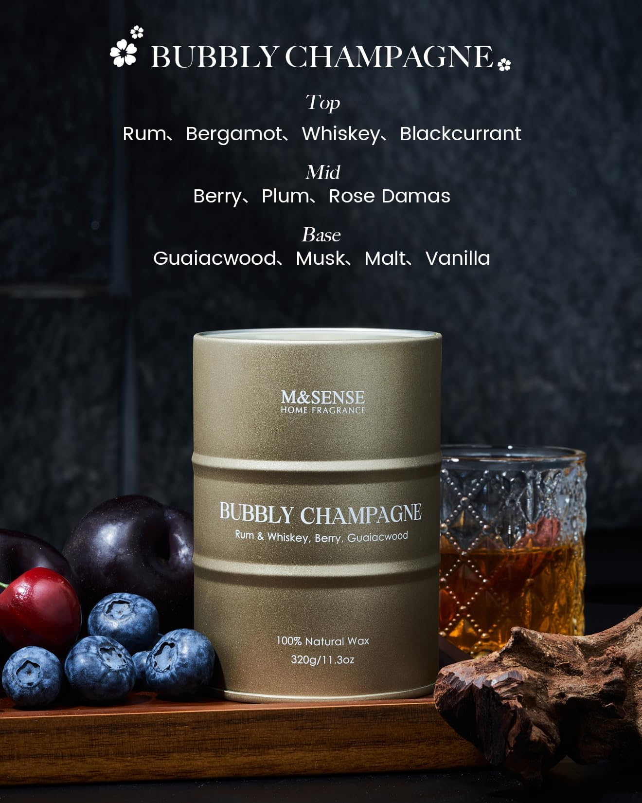 M&SENSE Bubbly Champagne Scented Candle – 11.3 oz, Natural Soy, 60–70h Burn Time