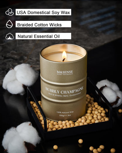 M&SENSE Bubbly Champagne Scented Candle – 11.3 oz, Natural Soy, 60–70h Burn Time