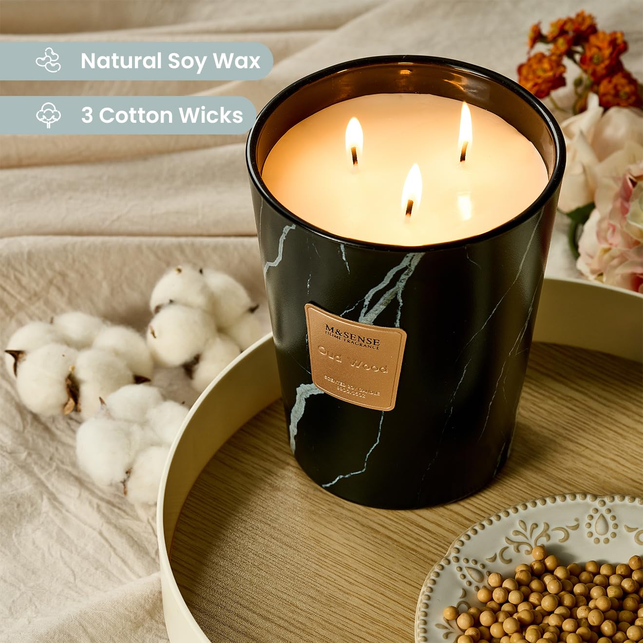 M&SENSE Extra Large Candle 35oz Oud Wood – 3 Wick, 150H Long-Lasting Scented Jar Candle